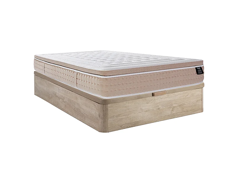 Set aus Bettgestell mit Bettkasten + Hybridmatratze - 140 x 190 cm - Hybridmatratze - 7-Zonen-Taschenfederkern & kühlendes Memory-Schaum-Gel - Stärke 30 cm - Holzfarben hell - NAZILI von YSMÉE