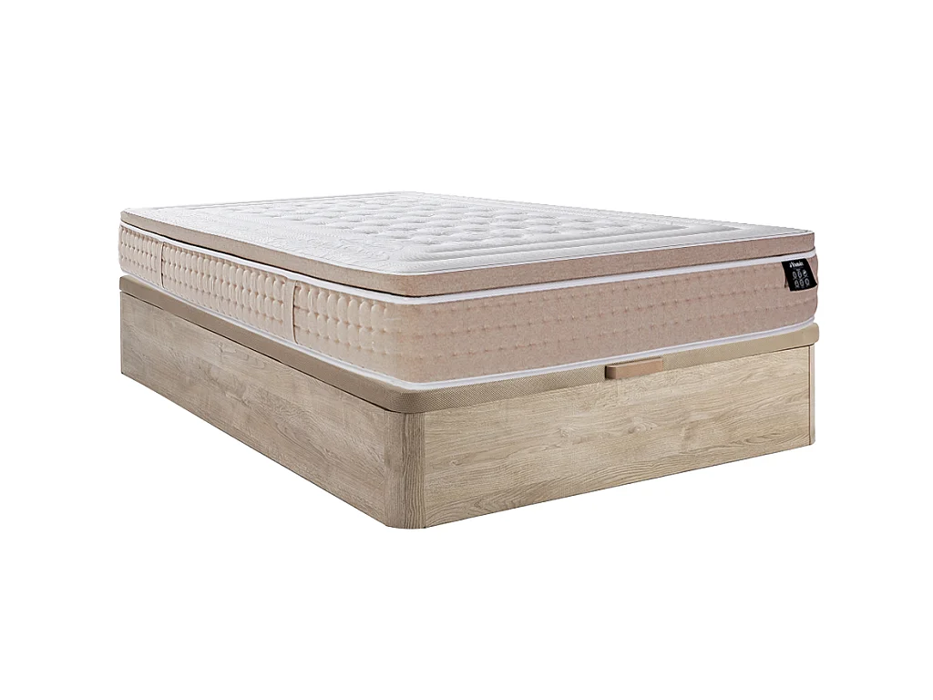 Set aus Bettgestell mit Bettkasten + Hybridmatratze - 140 x 190 cm - Hybridmatratze - 7-Zonen-Taschenfederkern & kühlendes Memory-Schaum-Gel - Stärke 30 cm - Holzfarben hell - NAZILI von YSMÉE