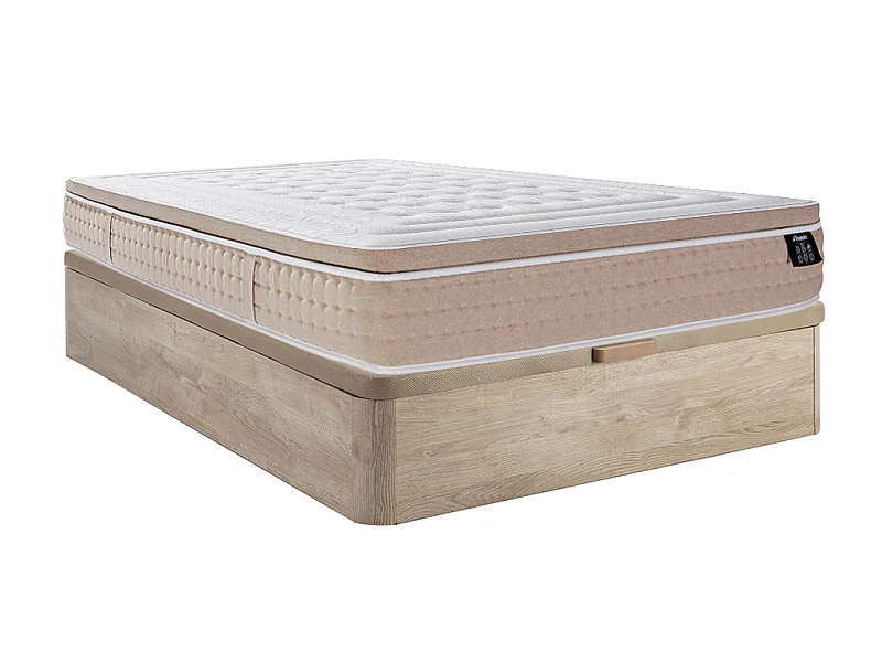 Sett 140 x 190 cm sengeramme med oppbevaring i lys naturlig farge + hybridmadrass med posefjærer i 7 soner og kjølende gelmemoryskum, 30 cm tykkelse - NAZILI fra YSMÉE