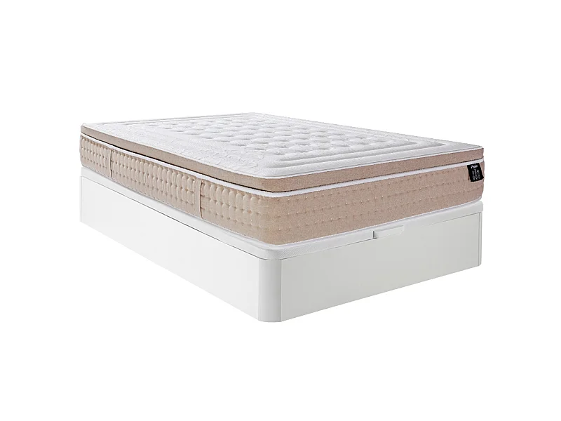 Set aus Bettgestell mit Bettkasten + Matratze - 140 x 190 cm - Hybridmatratze - 7-Zonen-Taschenfederkern & kühlendes Memory-Schaum-Gel - Stärke 30 cm - Weiß - NAZILI von YSMÉE