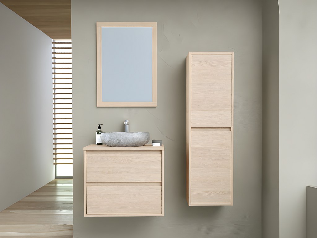 Waschbeckenunterschrank hängend mit Doppelaufsatzwaschtisch aus Stein, Spiegel & Hochschrank - 60 cm - MILIPAM