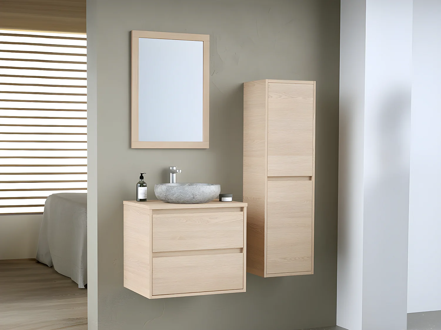 Szafka łazienkowa wisząca z kamienną umywalką nablatową, lustrem i słupkiem - 60 cm - MILIPAM