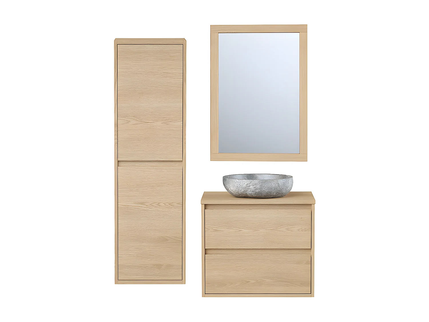 Szafka łazienkowa wisząca z kamienną umywalką nablatową, lustrem i słupkiem - 60 cm - MILIPAM