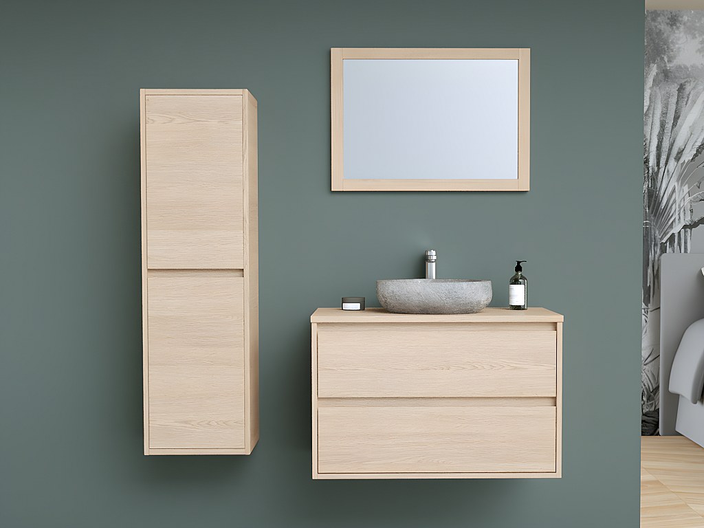 Waschbeckenunterschrank hängend mit Doppelaufsatzwaschtisch aus Stein, Spiegel & Hochschrank - 80 cm - MILIPAM