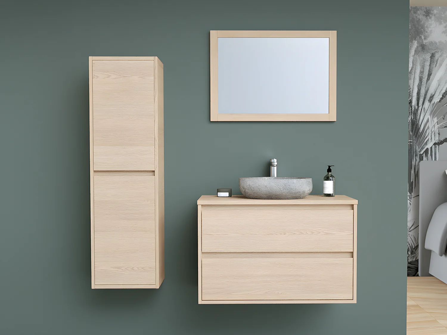Mobile per bagno sospeso con lavabo da appoggio in pietra, specchio e colonna 80 cm - MILIPAM