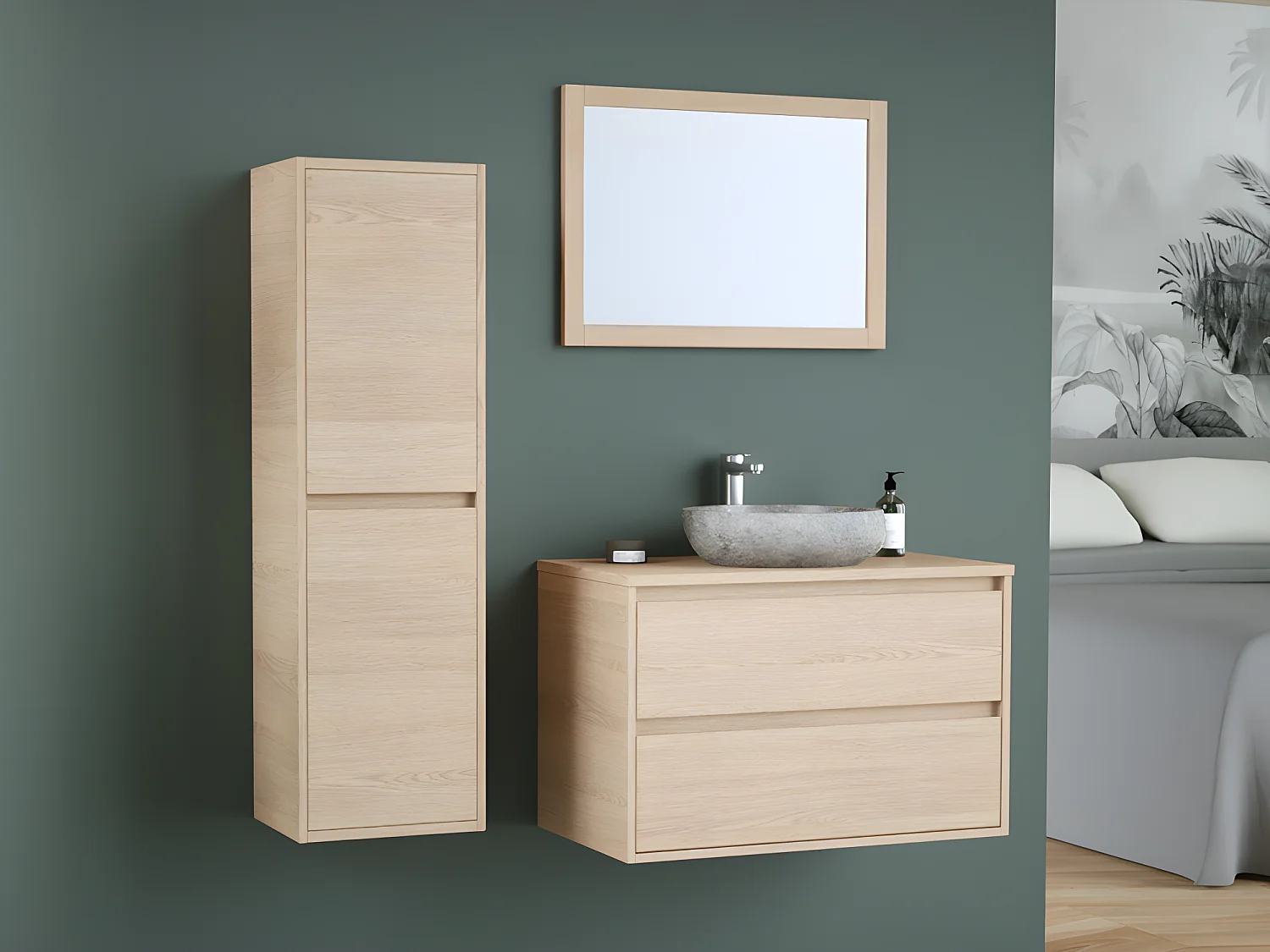 Mobile per bagno sospeso con lavabo da appoggio in pietra, specchio e colonna 80 cm - MILIPAM