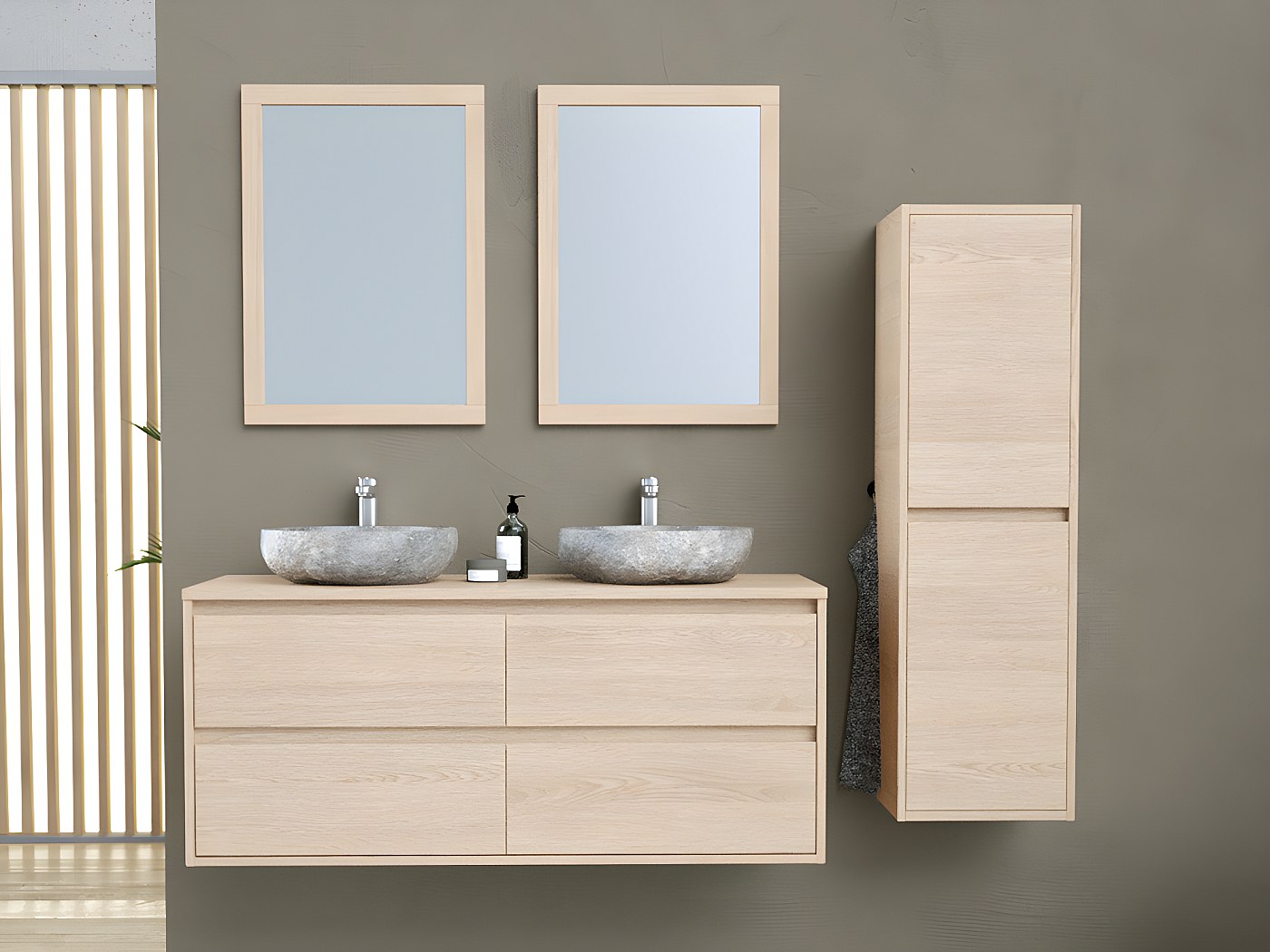 Meuble de salle de bain avec double vasque à poser, miroir, colonne