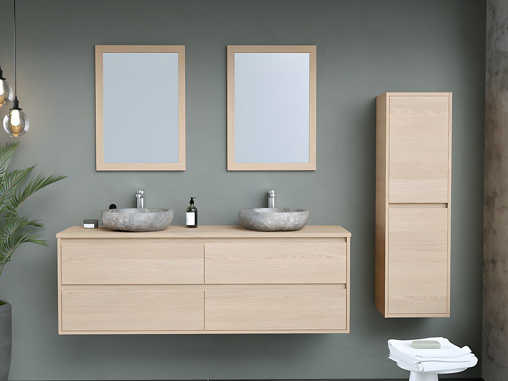 Waschbeckenunterschrank hängend mit Doppelaufsatzwaschtisch aus Stein, Spiegel & Hochschrank - 150 cm - MILIPAM