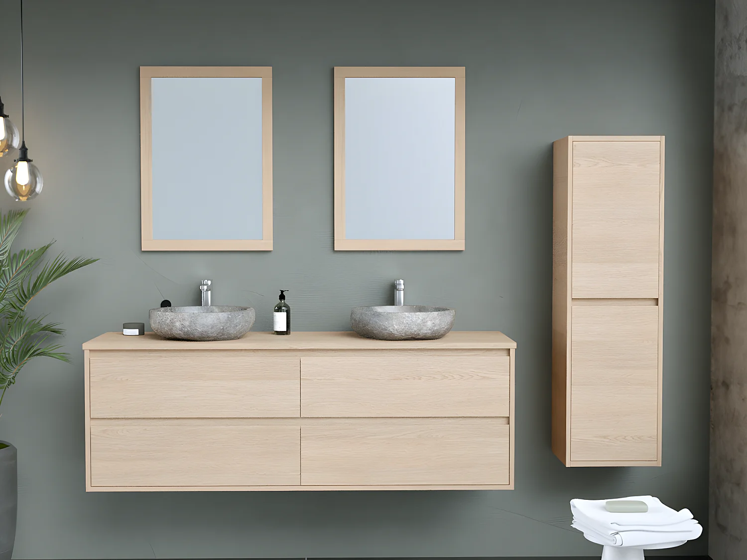 Hangmeubel voor badkamer met dubbele wastafel om erop te plaatsen van steen, spiegel en kast - 150 cm - MILIPAM