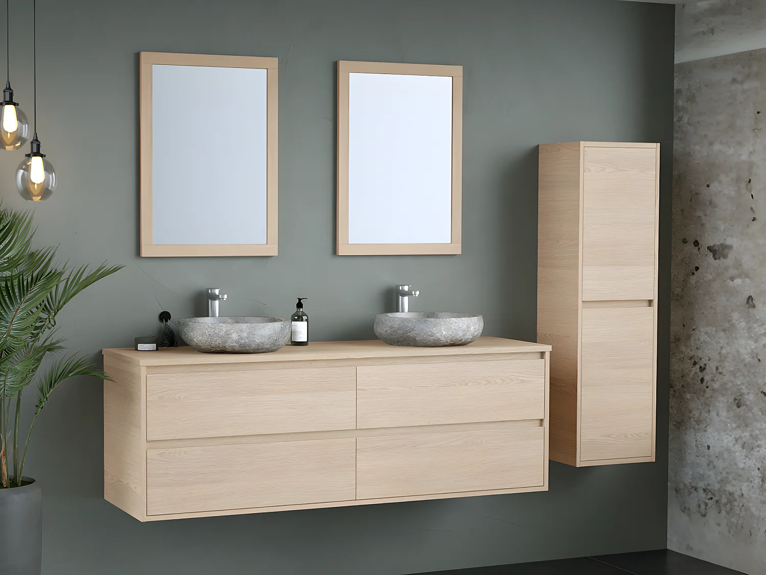 Hangmeubel voor badkamer met dubbele wastafel om erop te plaatsen van steen, spiegel en kast - 150 cm - MILIPAM