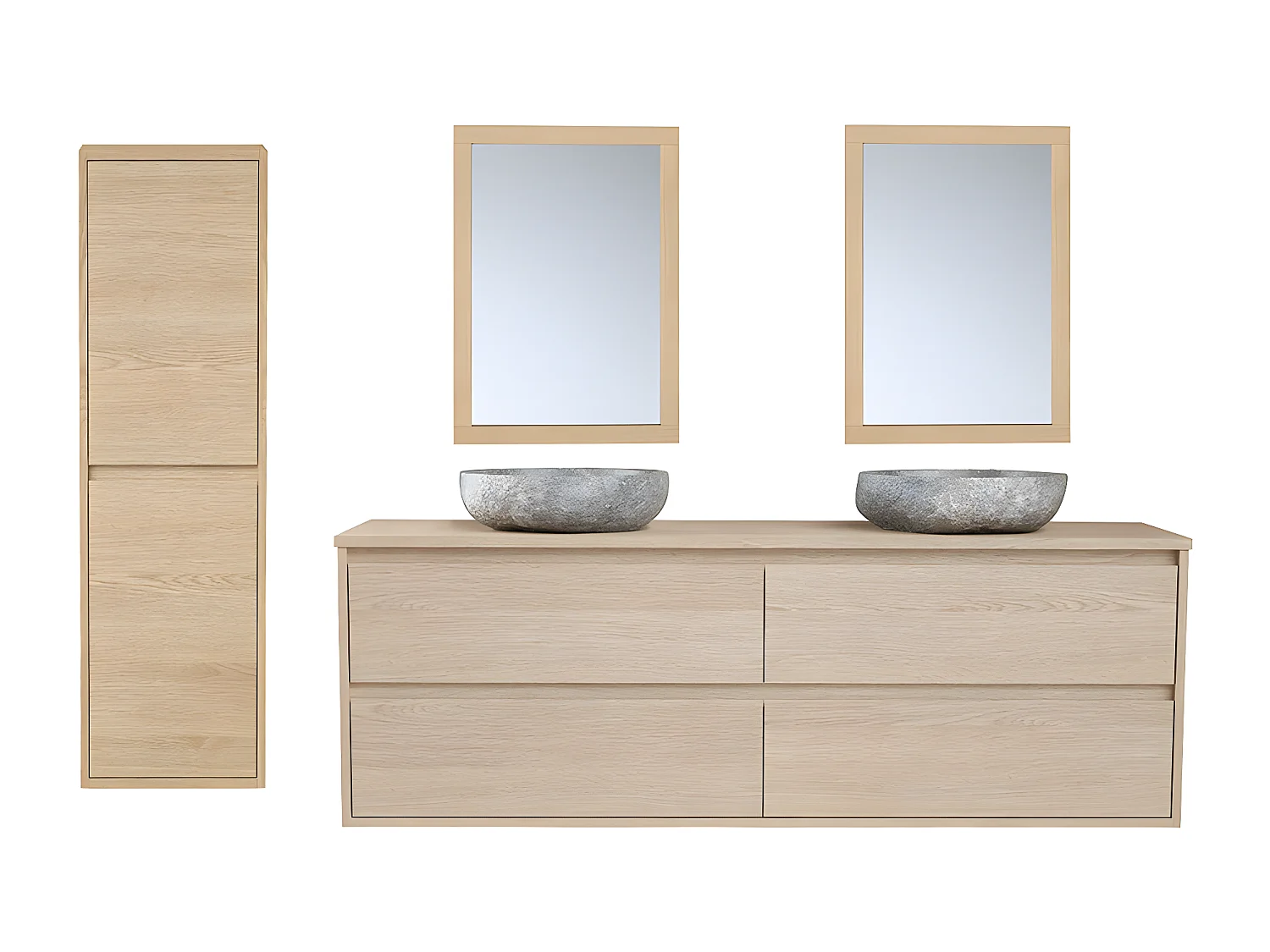 Hangmeubel voor badkamer met dubbele wastafel om erop te plaatsen van steen, spiegel en kast - 150 cm - MILIPAM