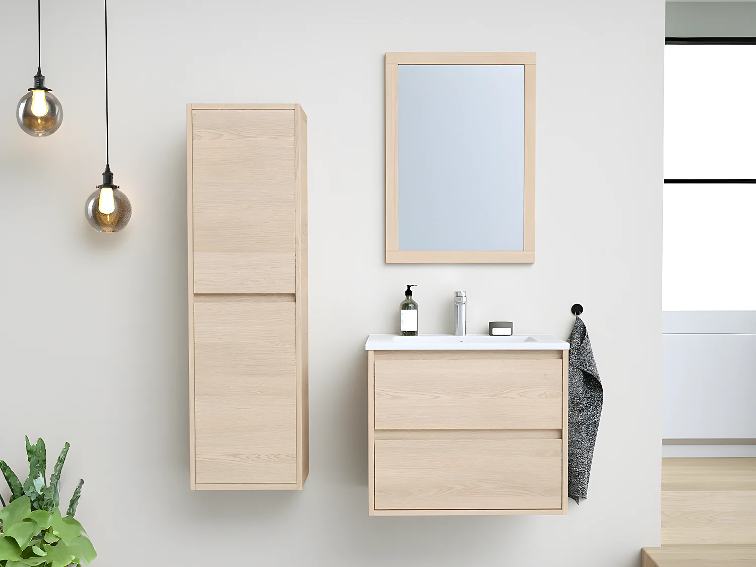 Waschbeckenunterschrank hängend mit Einbauwaschbecken, Spiegel & Hochschrank - 60 cm - MILIPAM