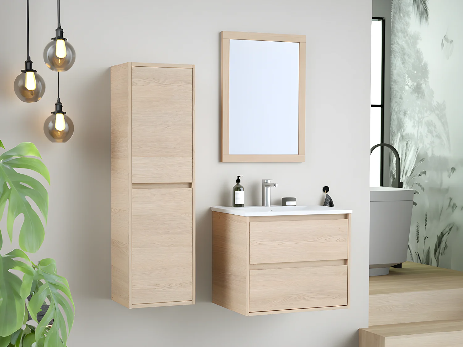 Waschbeckenunterschrank hängend mit Einbauwaschbecken, Spiegel & Hochschrank - 60 cm - MILIPAM