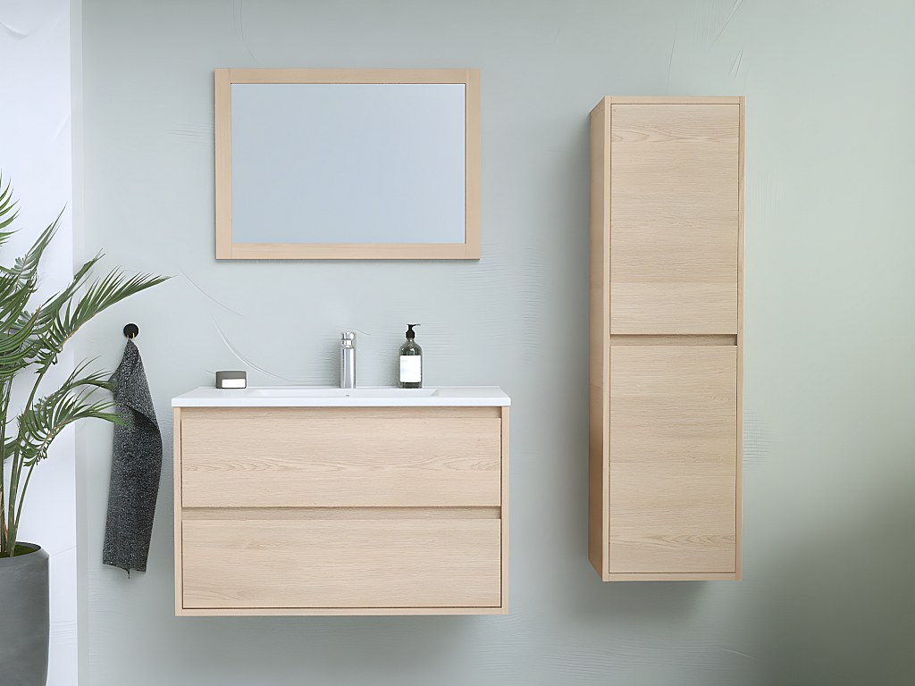 Waschbeckenunterschrank hängend mit Einbauwaschbecken, Spiegel & Hochschrank - 80 cm - MILIPAM