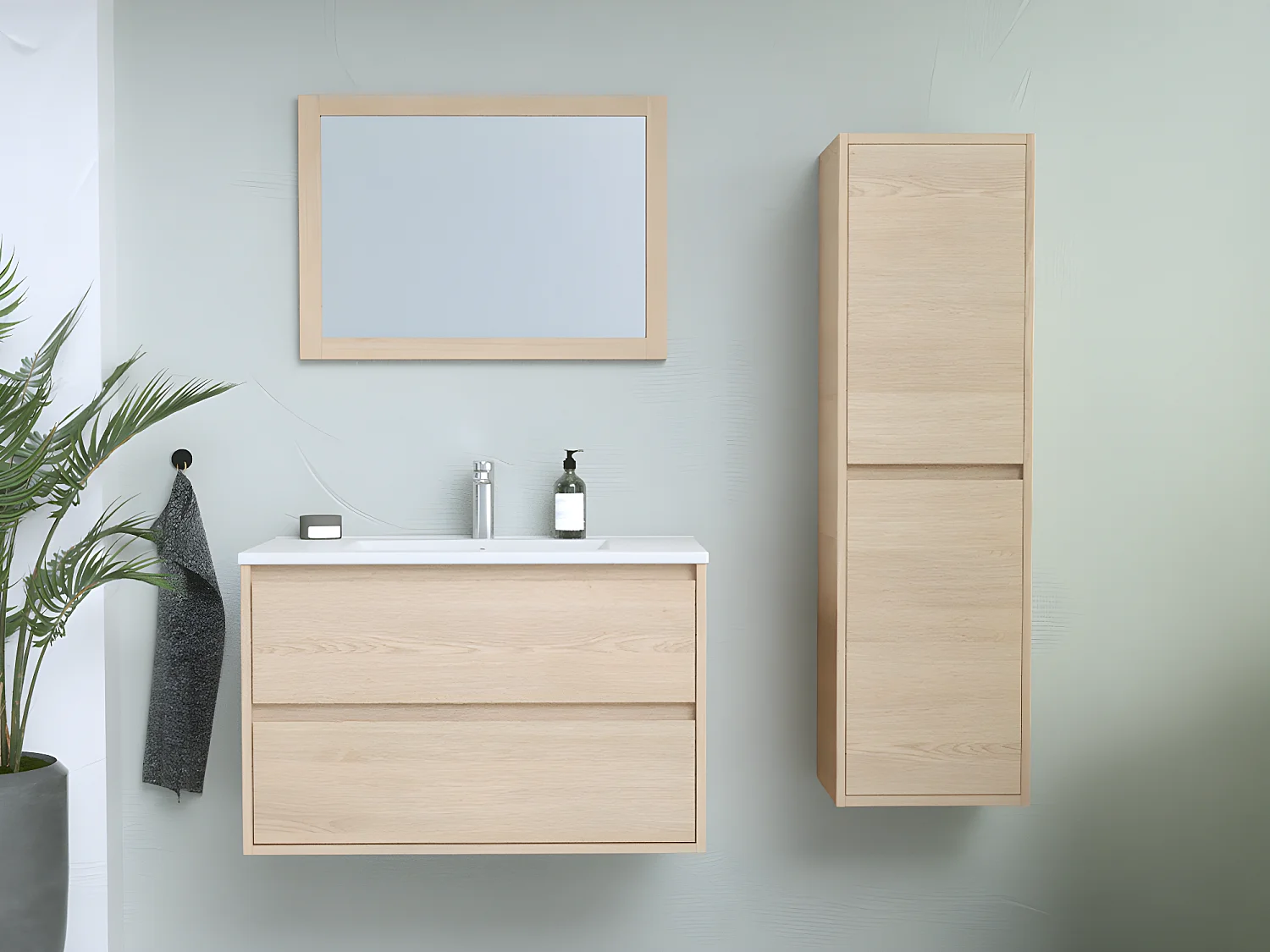 Meuble de salle de bain suspendu avec vasque à encastrer, miroir et colonne - 80 cm - MILIPAM