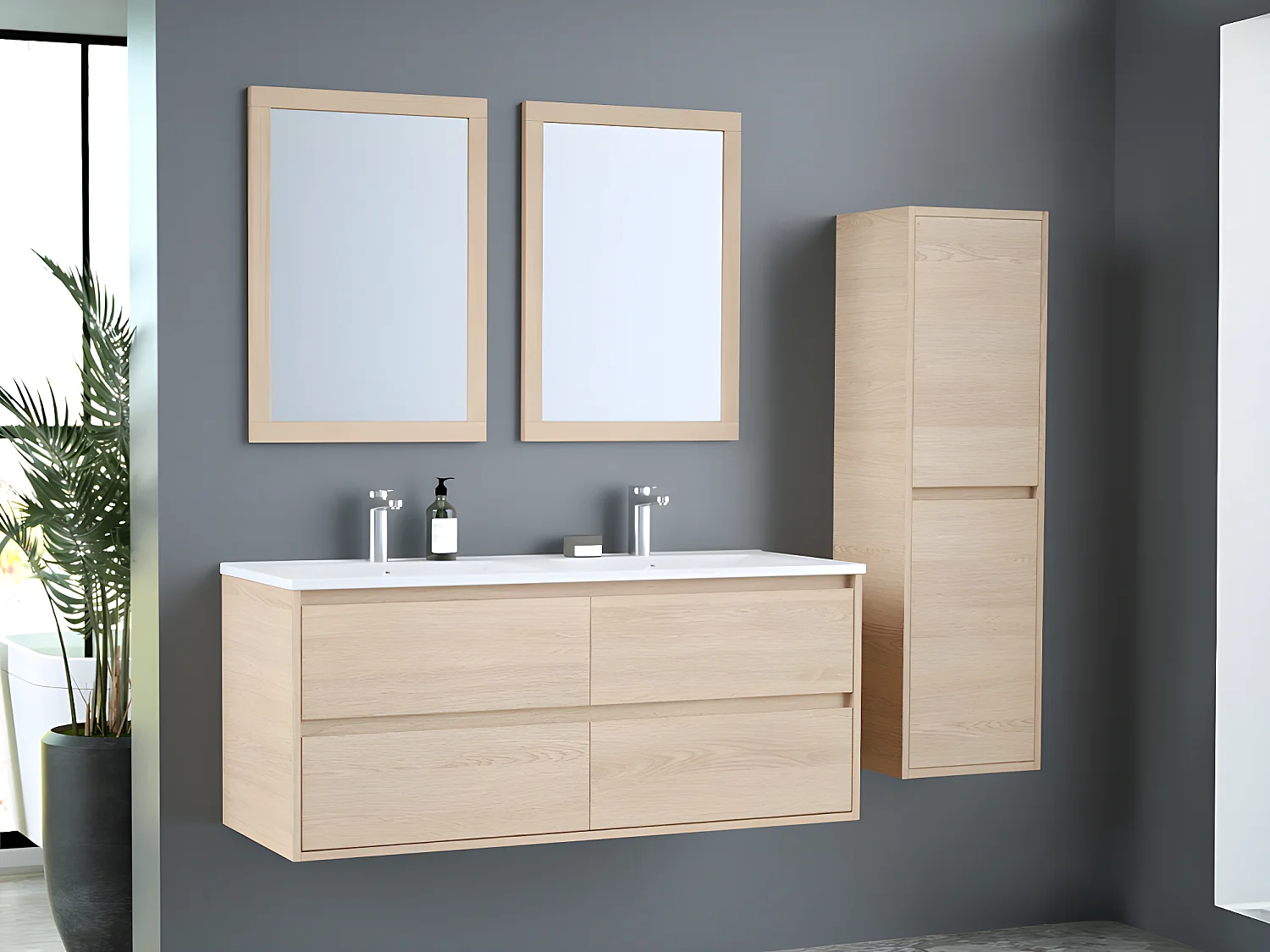 Meuble de salle de bain suspendu avec vasque à encastrer, miroir et colonne - 120 cm - MILIPAM