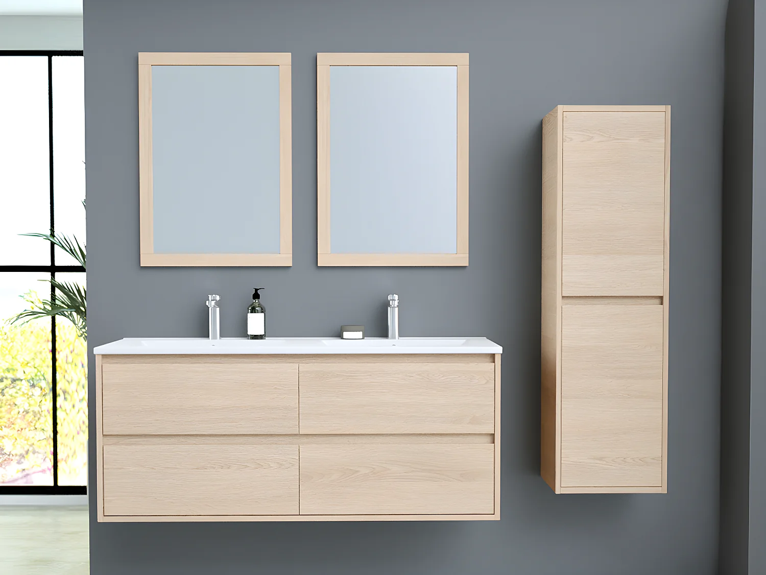 Meuble de salle de bain suspendu avec vasque à encastrer, miroir et colonne - 120 cm - MILIPAM