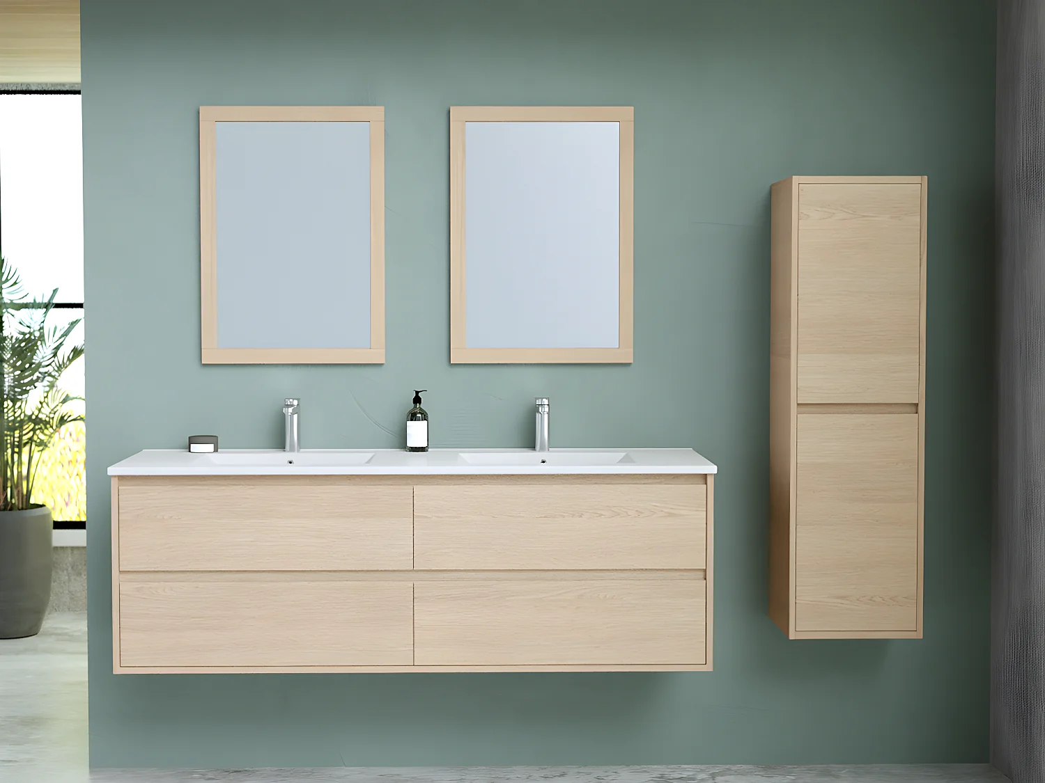 Meuble de salle de bain suspendu avec vasque à encastrer, miroir et colonne - 150 cm - MILIPAM