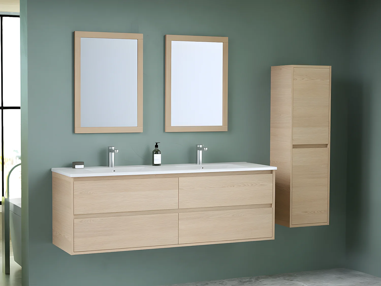 Meuble de salle de bain suspendu avec vasque à encastrer, miroir et colonne - 150 cm - MILIPAM