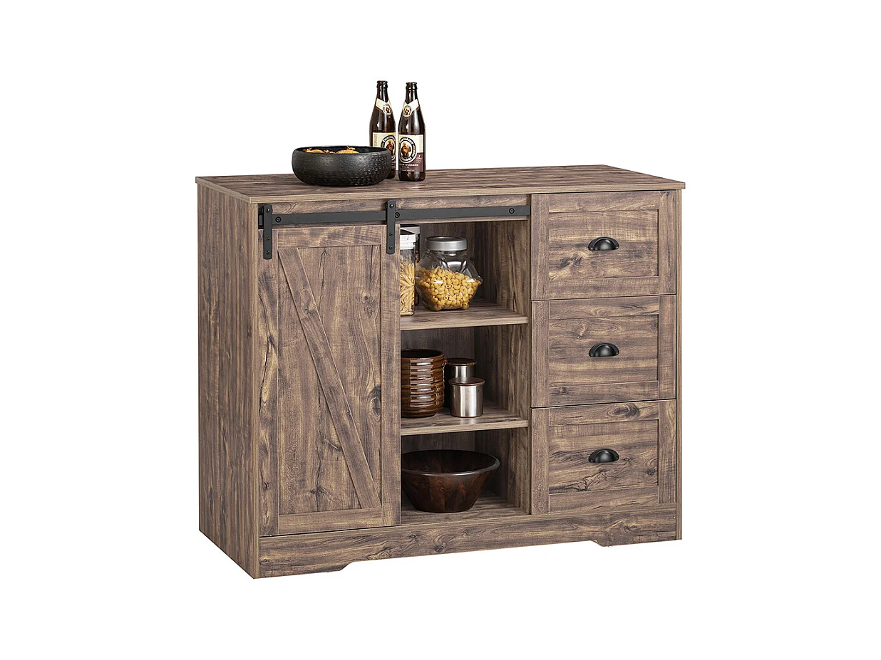 SoBuy KNL08-N Ilot Central Mange-Debout Placard de Cuisine Buffet de Rangement Multi-rangements avec 1 Porte de Grange, Porte-Bouteilles, 3 Tiroirs