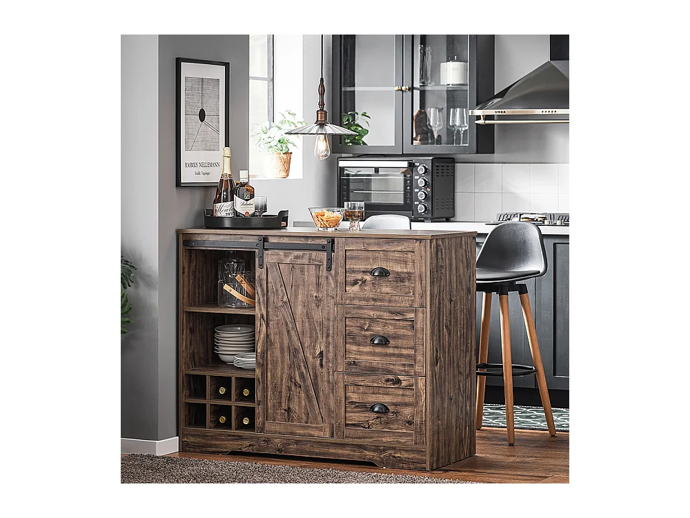 SoBuy KNL08-N Ilot Central Mange-Debout Placard de Cuisine Buffet de Rangement Multi-rangements avec 1 Porte de Grange, Porte-Bouteilles, 3 Tiroirs