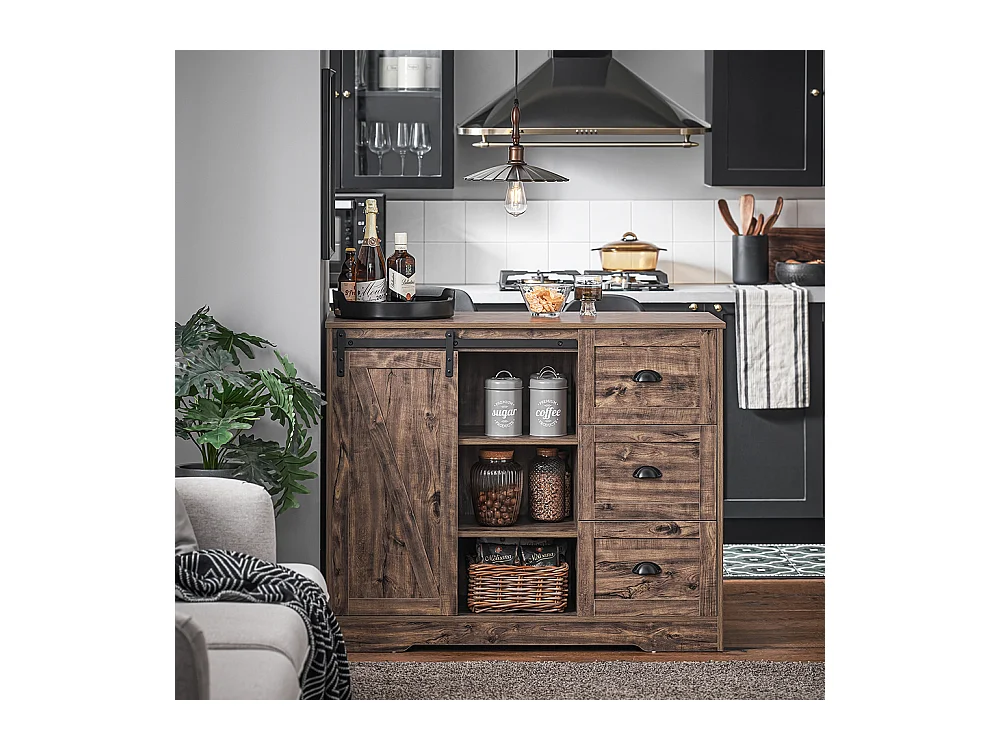SoBuy KNL08-N Ilot Central Mange-Debout Placard de Cuisine Buffet de Rangement Multi-rangements avec 1 Porte de Grange, Porte-Bouteilles, 3 Tiroirs