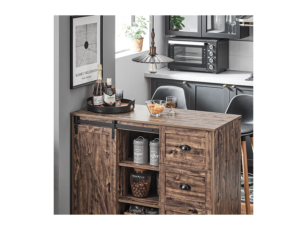 SoBuy KNL08-N Ilot Central Mange-Debout Placard de Cuisine Buffet de Rangement Multi-rangements avec 1 Porte de Grange, Porte-Bouteilles, 3 Tiroirs