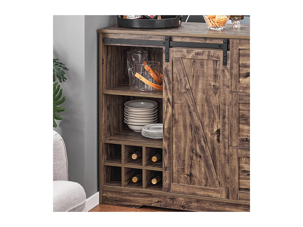 SoBuy KNL08-N Ilot Central Mange-Debout Placard de Cuisine Buffet de Rangement Multi-rangements avec 1 Porte de Grange, Porte-Bouteilles, 3 Tiroirs