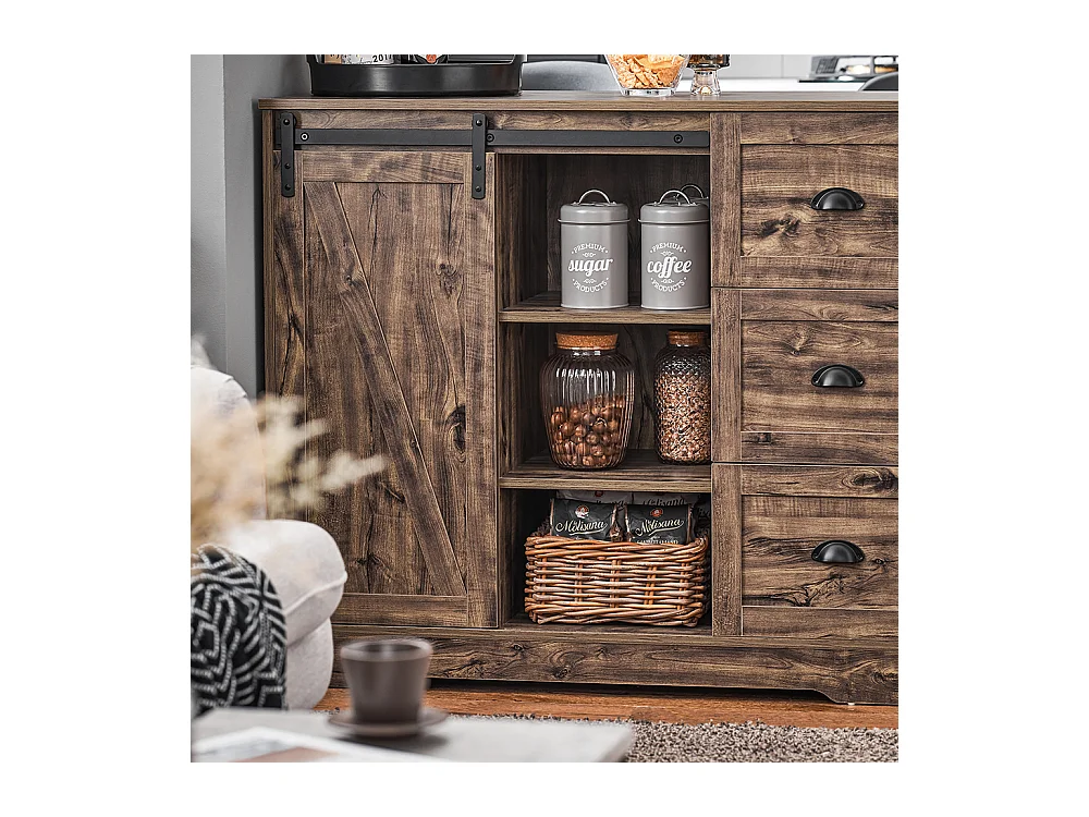 SoBuy KNL08-N Ilot Central Mange-Debout Placard de Cuisine Buffet de Rangement Multi-rangements avec 1 Porte de Grange, Porte-Bouteilles, 3 Tiroirs
