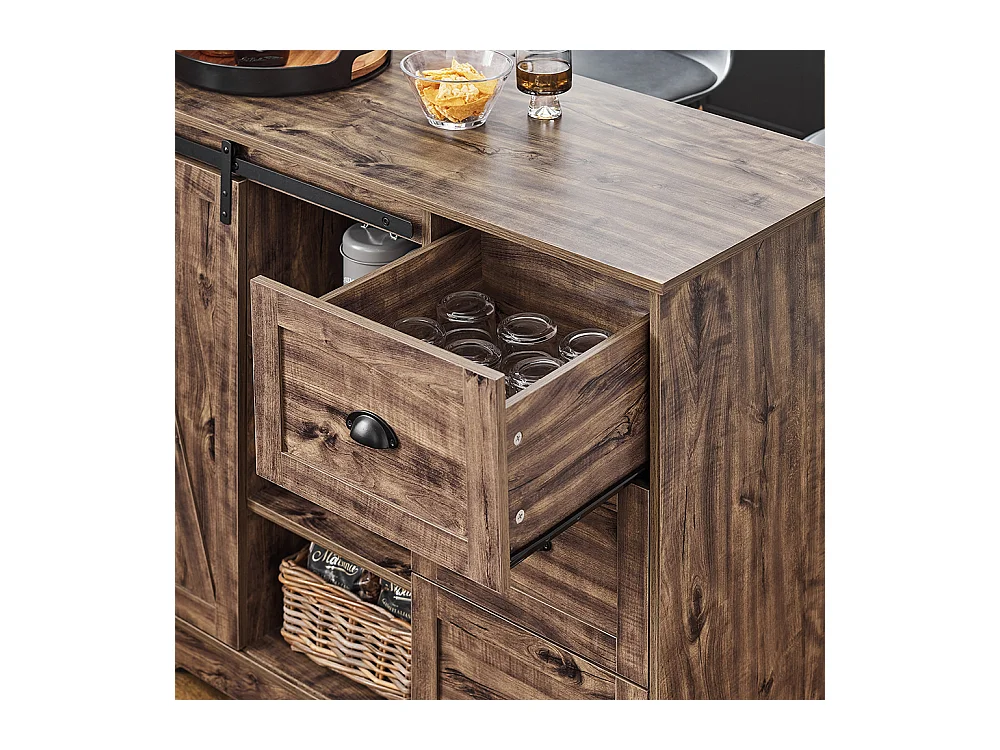 SoBuy KNL08-N Ilot Central Mange-Debout Placard de Cuisine Buffet de Rangement Multi-rangements avec 1 Porte de Grange, Porte-Bouteilles, 3 Tiroirs