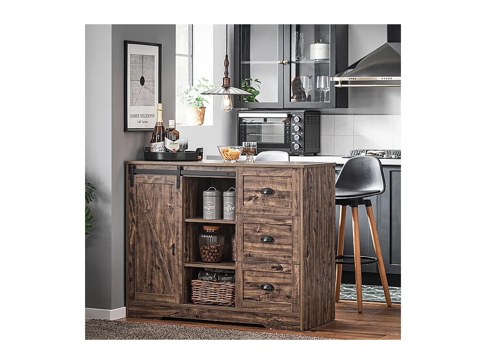 SoBuy KNL08-N Ilot Central Mange-Debout Placard de Cuisine Buffet de Rangement Multi-rangements avec 1 Porte de Grange, Porte-Bouteilles, 3 Tiroirs