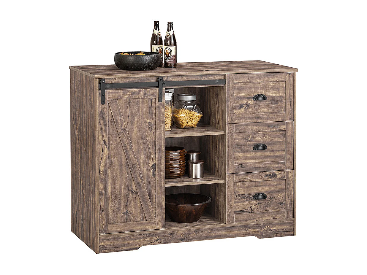 SoBuy KNL08-N Ilot Central Mange-Debout Placard de Cuisine Buffet de Rangement Multi-rangements avec 1 Porte de Grange, Porte-Bouteilles, 3 Tiroirs