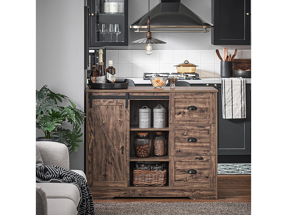 SoBuy KNL08-N Ilot Central Mange-Debout Placard de Cuisine Buffet de Rangement Multi-rangements avec 1 Porte de Grange, Porte-Bouteilles, 3 Tiroirs