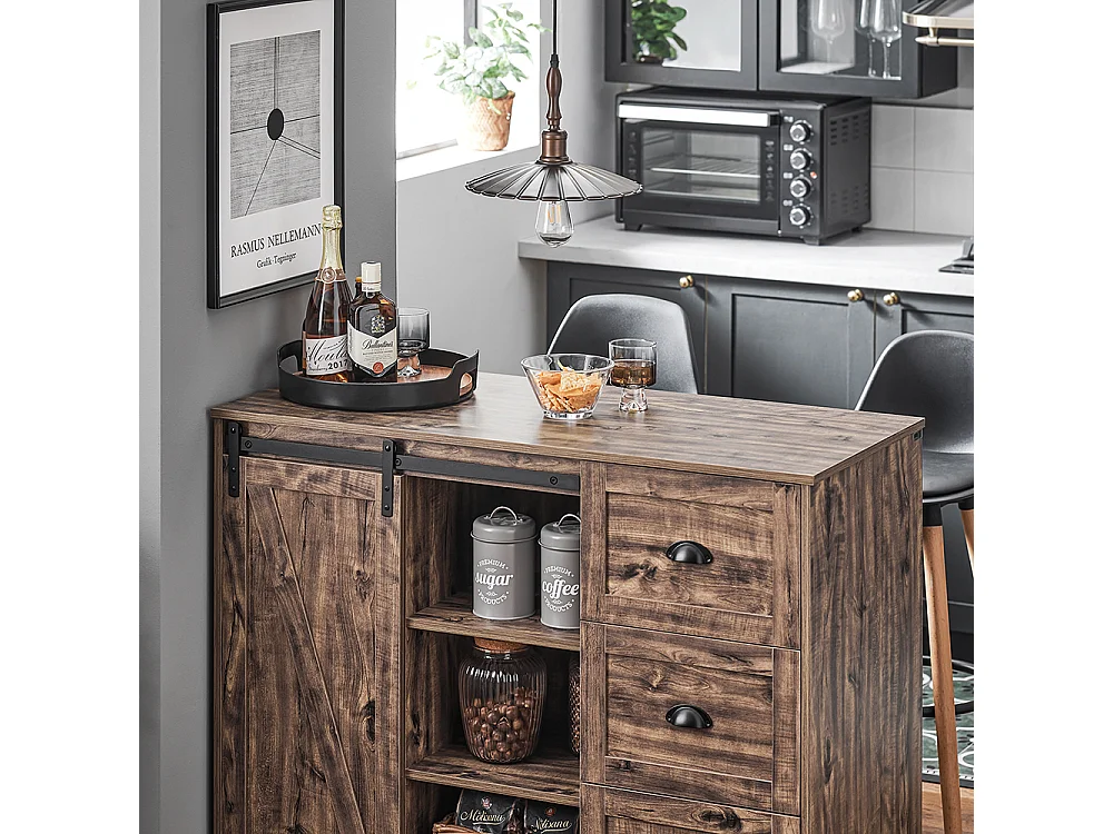 SoBuy KNL08-N Ilot Central Mange-Debout Placard de Cuisine Buffet de Rangement Multi-rangements avec 1 Porte de Grange, Porte-Bouteilles, 3 Tiroirs