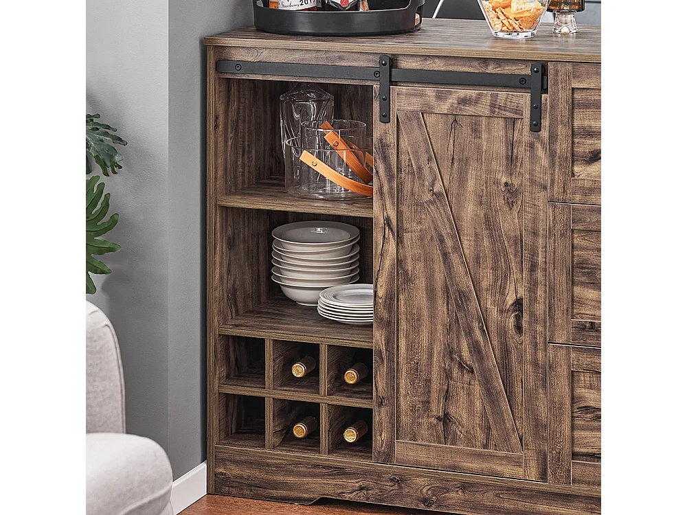 SoBuy KNL08-N Ilot Central Mange-Debout Placard de Cuisine Buffet de Rangement Multi-rangements avec 1 Porte de Grange, Porte-Bouteilles, 3 Tiroirs