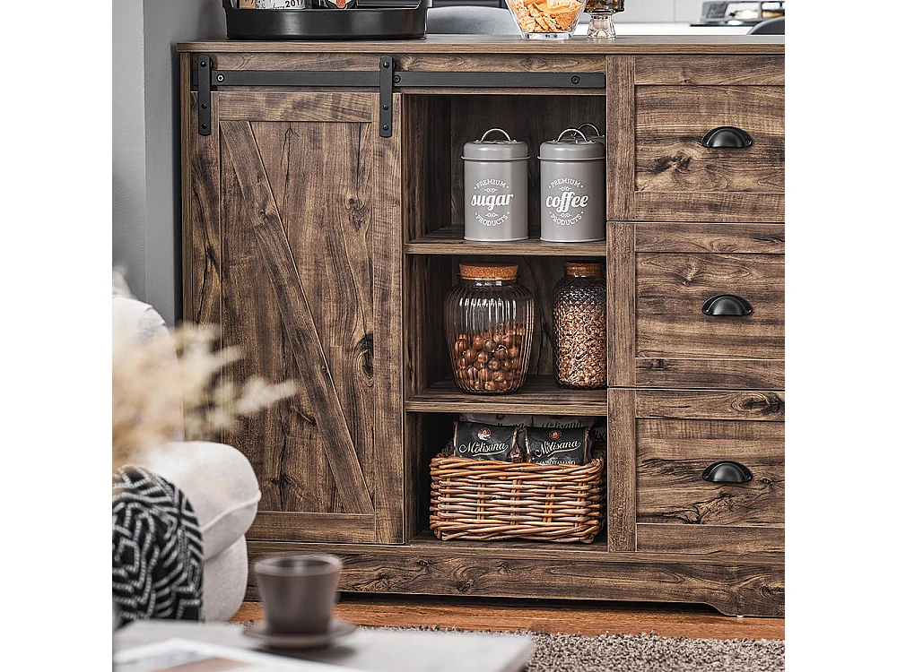 SoBuy KNL08-N Ilot Central Mange-Debout Placard de Cuisine Buffet de Rangement Multi-rangements avec 1 Porte de Grange, Porte-Bouteilles, 3 Tiroirs