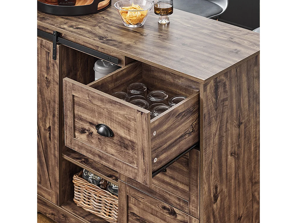 SoBuy KNL08-N Ilot Central Mange-Debout Placard de Cuisine Buffet de Rangement Multi-rangements avec 1 Porte de Grange, Porte-Bouteilles, 3 Tiroirs