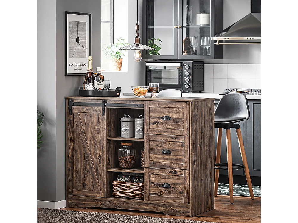 SoBuy KNL08-N Ilot Central Mange-Debout Placard de Cuisine Buffet de Rangement Multi-rangements avec 1 Porte de Grange, Porte-Bouteilles, 3 Tiroirs