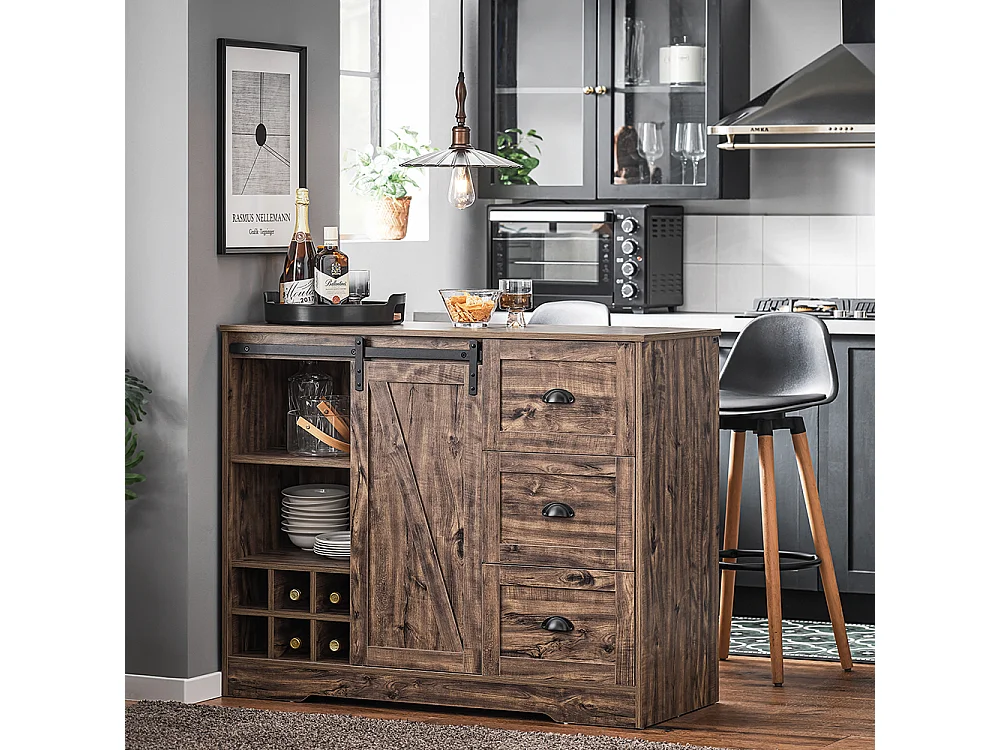 SoBuy KNL08-N Ilot Central Mange-Debout Placard de Cuisine Buffet de Rangement Multi-rangements avec 1 Porte de Grange, Porte-Bouteilles, 3 Tiroirs