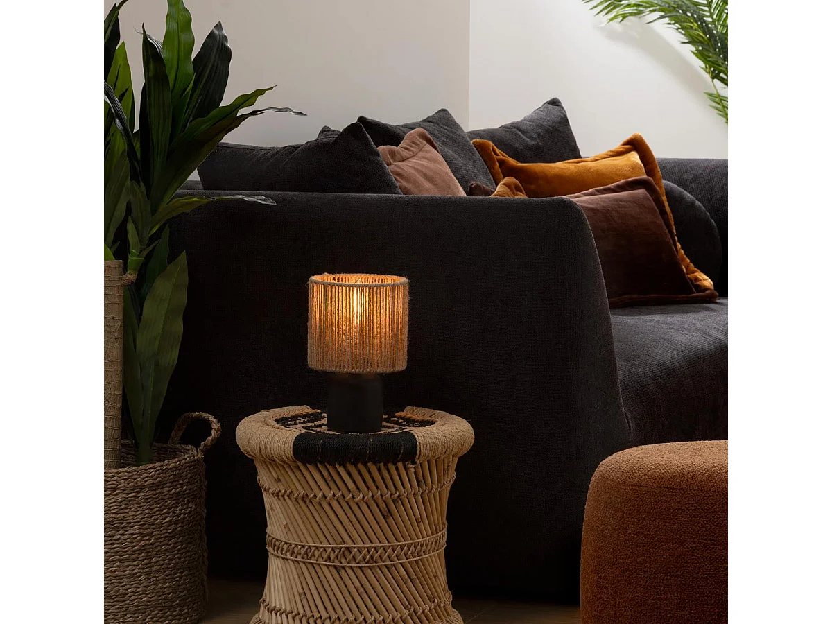 Lampe à poser en céramique Noir mat et Abat-jour en corde Beige