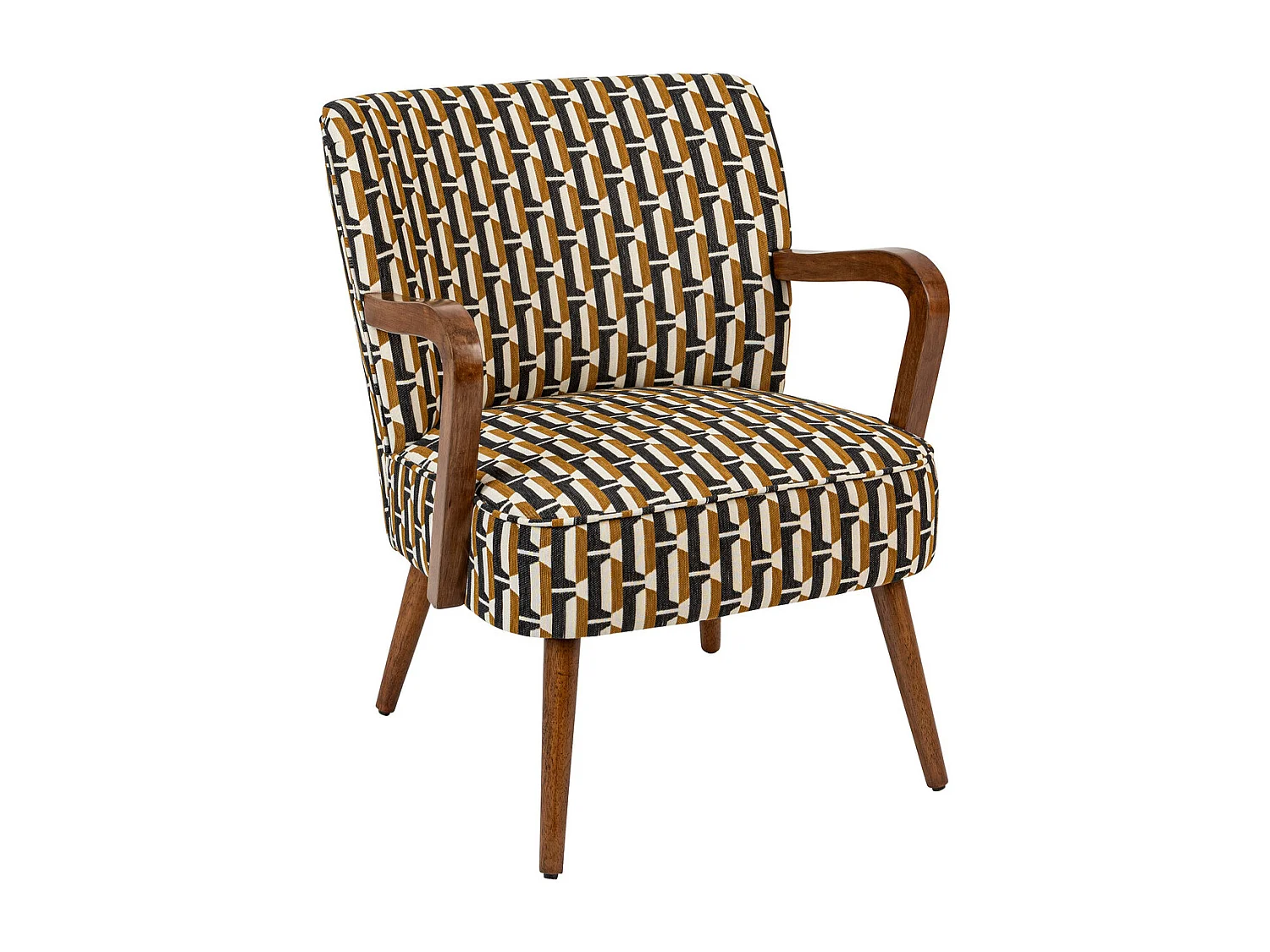 Fauteuil à accoudoirs en Bois et tissu chenille Noir, Jaune ocre et Blanc