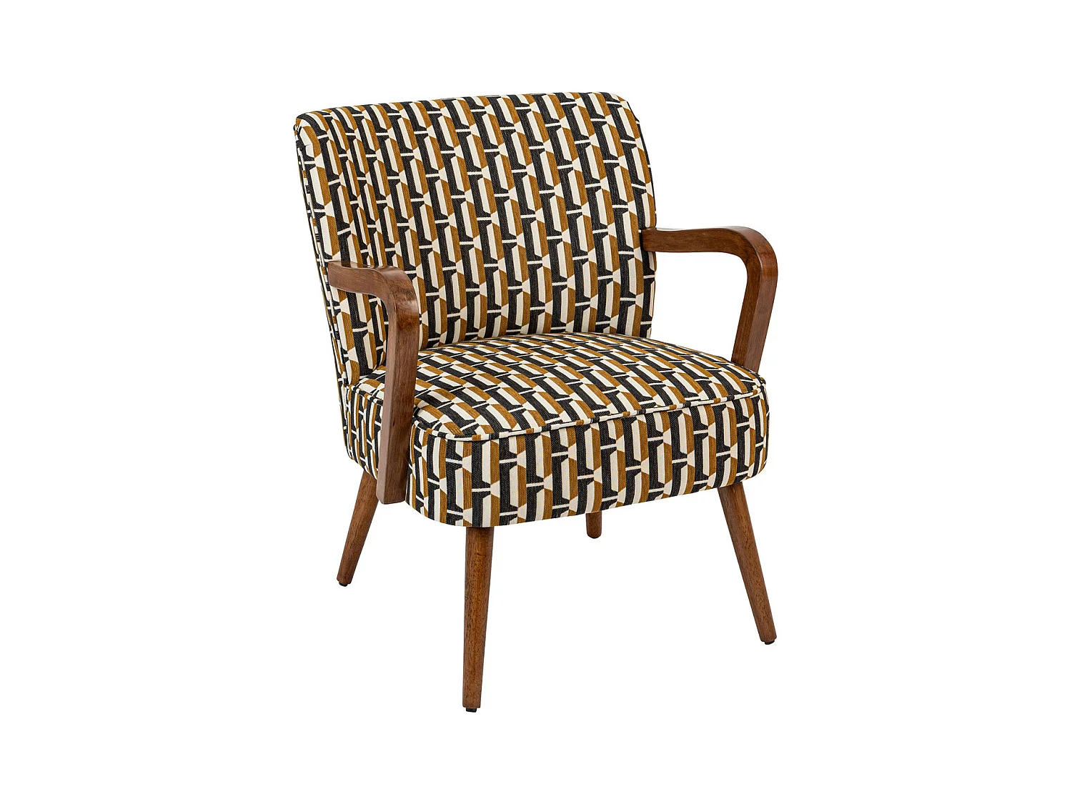 Fauteuil à accoudoirs en Bois et tissu chenille Noir, Jaune ocre et Blanc