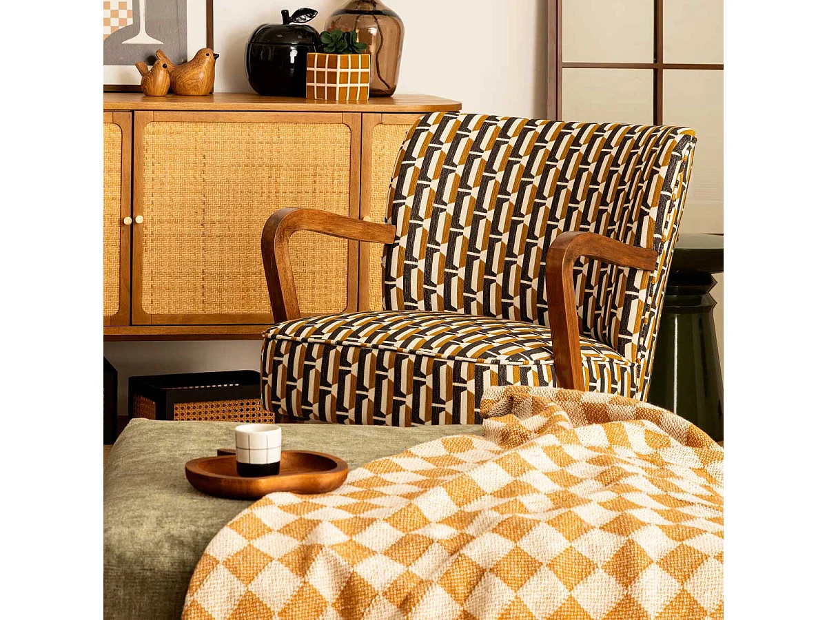 Fauteuil à accoudoirs en Bois et tissu chenille Noir, Jaune ocre et Blanc
