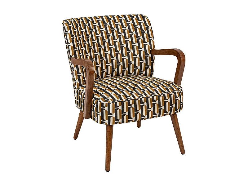 Fauteuil à accoudoirs en Bois et tissu chenille Noir, Jaune ocre et Blanc