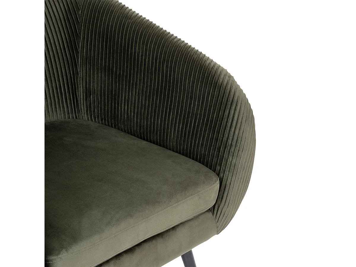 Fauteuil en Velours Vert Kaki plissé et pieds en métal noir