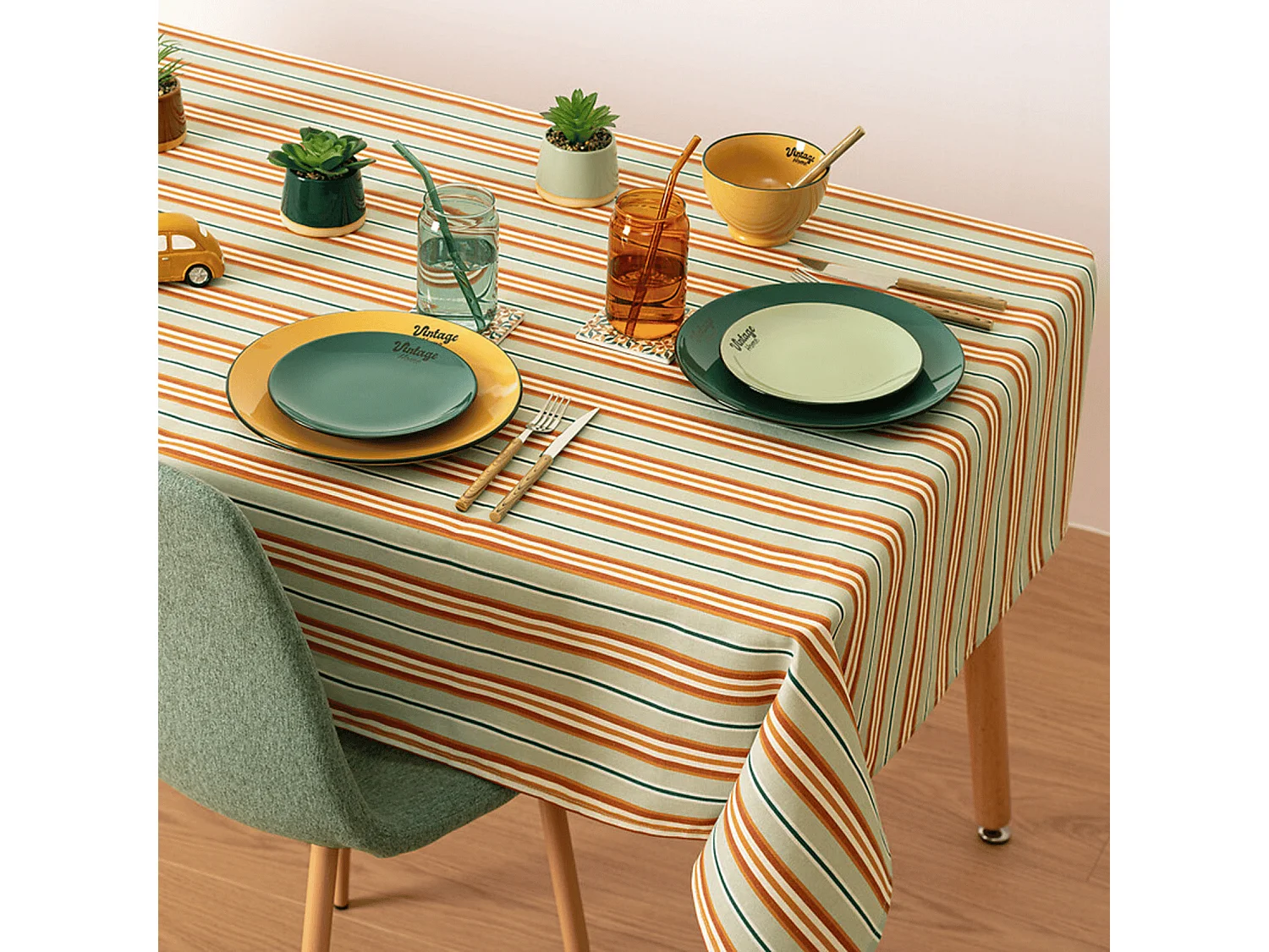 Nappe en polycoton Terracotta  Blanc et Céladon motif vintage 150 x 250 cm