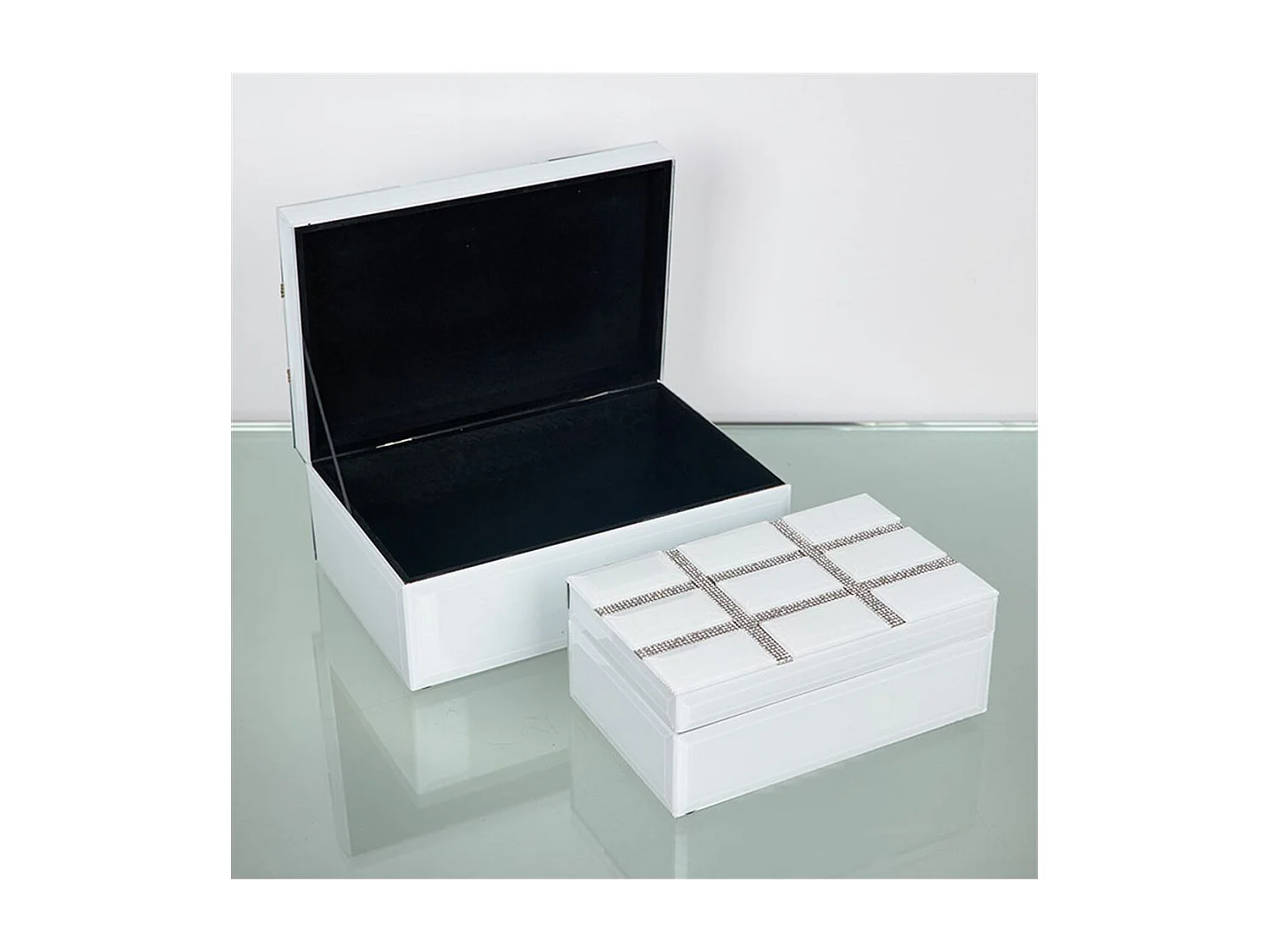 Juego de 2 cajas de cristal blanco con tapa decorada en cuadrados de brillantes lucca