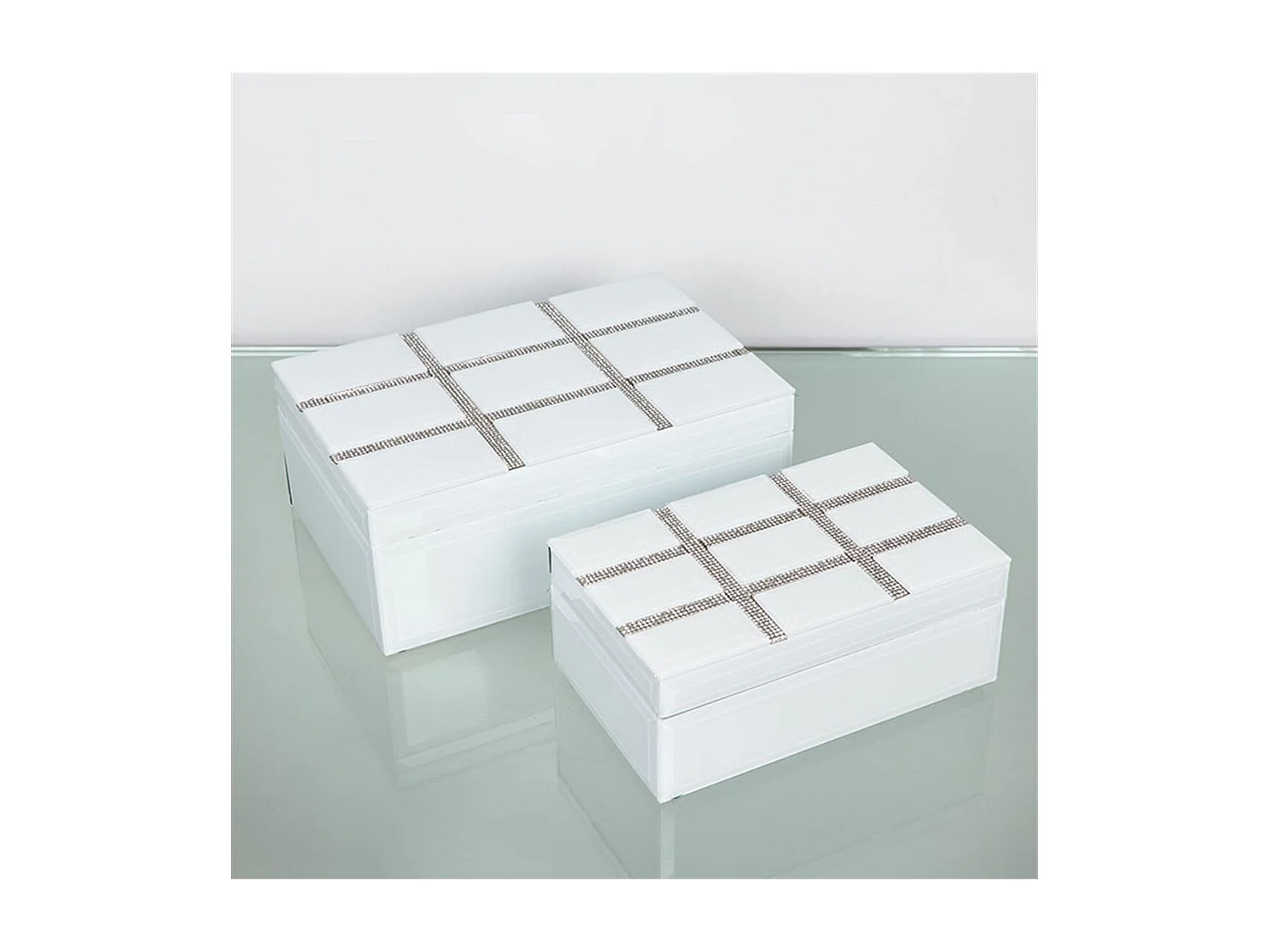 Juego de 2 cajas de cristal blanco con tapa decorada en cuadrados de brillantes lucca