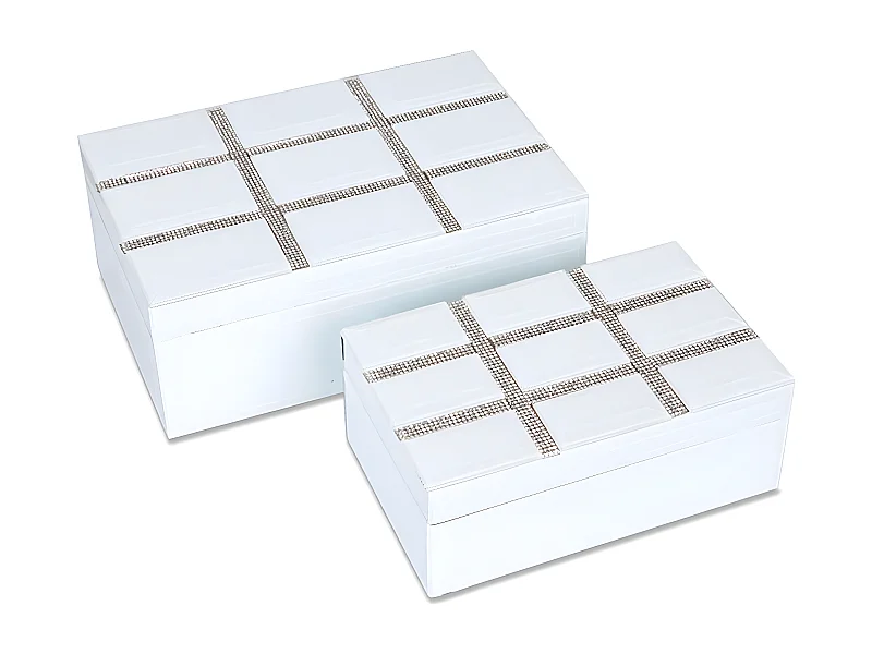 Juego de 2 cajas de cristal blanco con tapa decorada en cuadrados de brillantes lucca