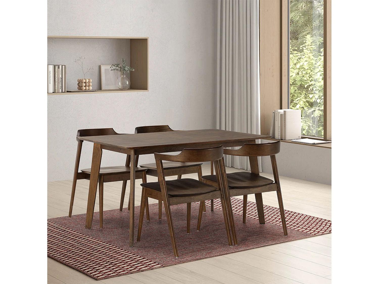 Juego de mesa 140x80 cm y 4 sillas de comedor Venus color Nogal